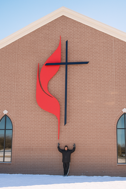 Large-scale lighted cross standing beside church