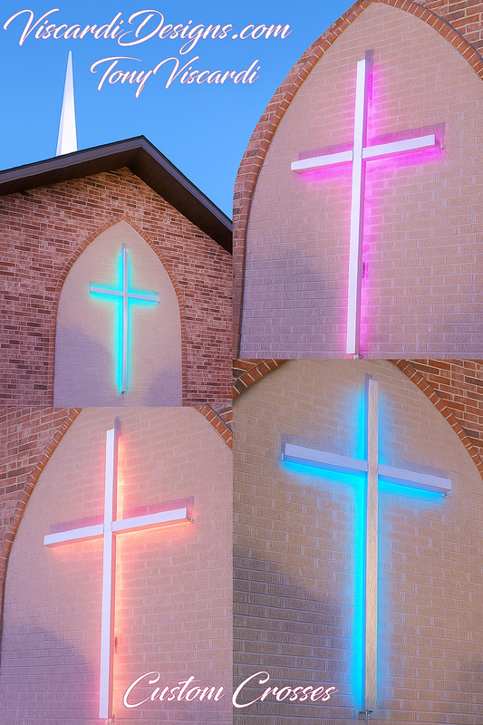 Large-scale lighted cross standing beside church