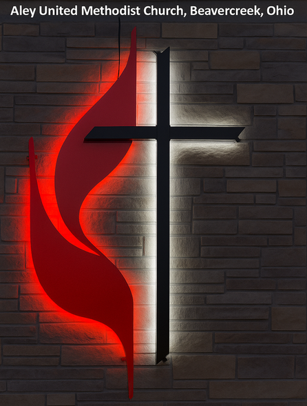Contemporary United Methodist cross with LED lighting  Custom UMC cross sculpture for church sanctuary