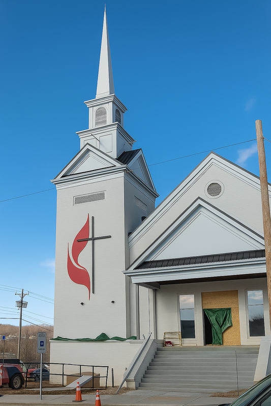 Custom United Methodist Church cross with flame symbol
