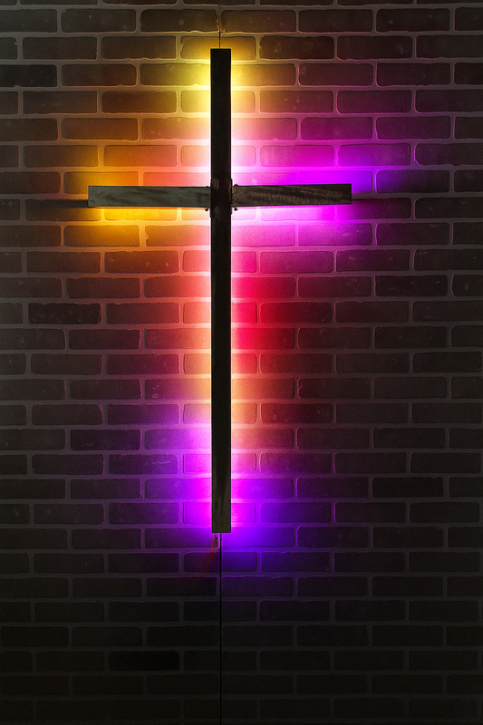 Contemporary aluminum cross with color-changing LED lights"  "Wall-mounted LED lit aluminum cross for churches"
