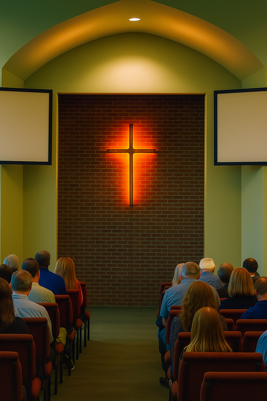 "LED backlit aluminum cross on white background"  "Modern glowing cross for church facade made of aluminum"