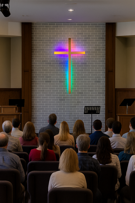 "LED backlit aluminum cross on white background"  "Modern glowing cross for church facade made of aluminum"