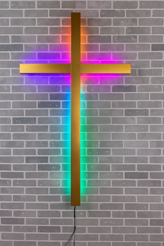 "Wall-mounted LED lit aluminum cross for churches"  "Modern church cross made from aluminum with glowing LEDs"