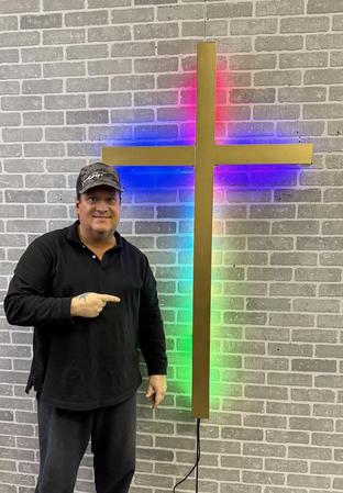 Aluminum religious cross with backlit LED halo effect